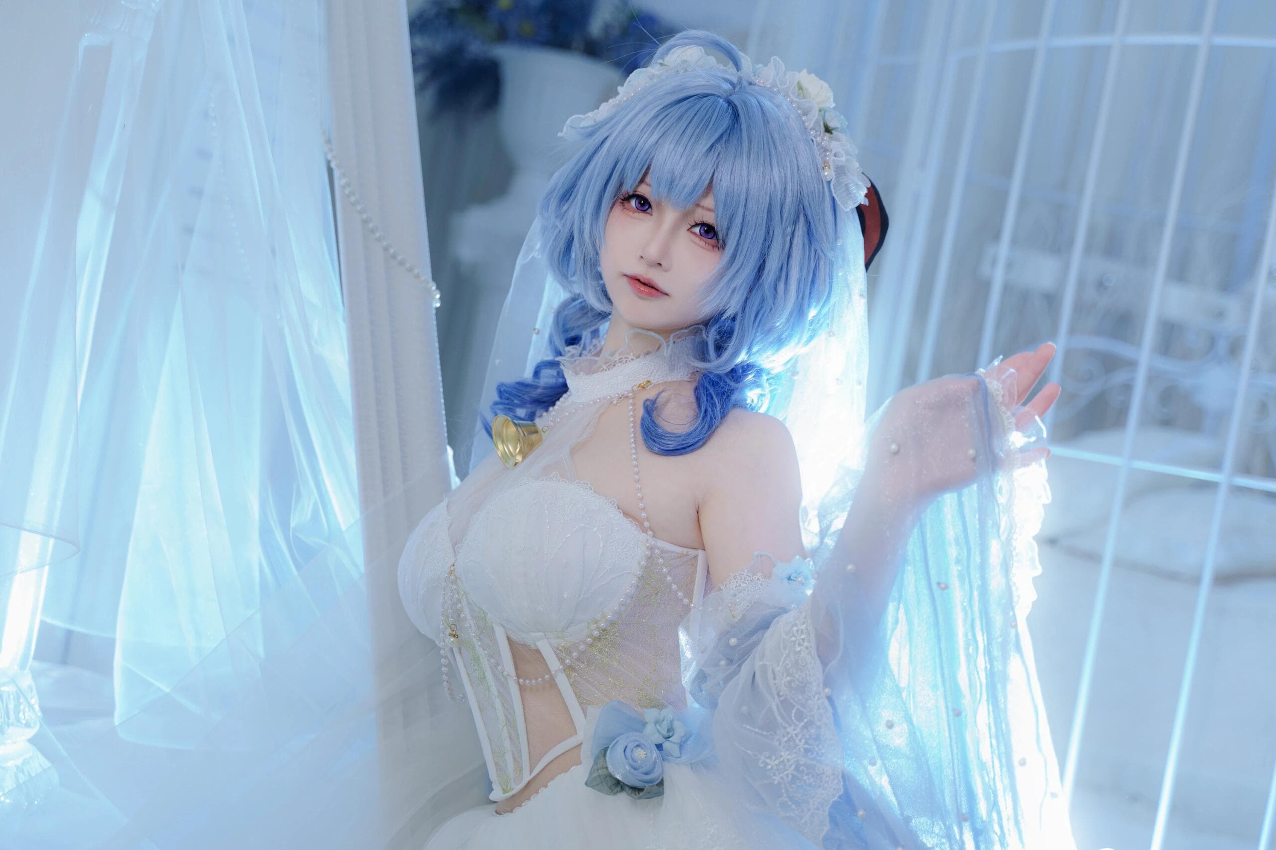 Indulge your fantasies with irresistible Ganyu in a purple bodystocking—where every curve is a temptation. - 4