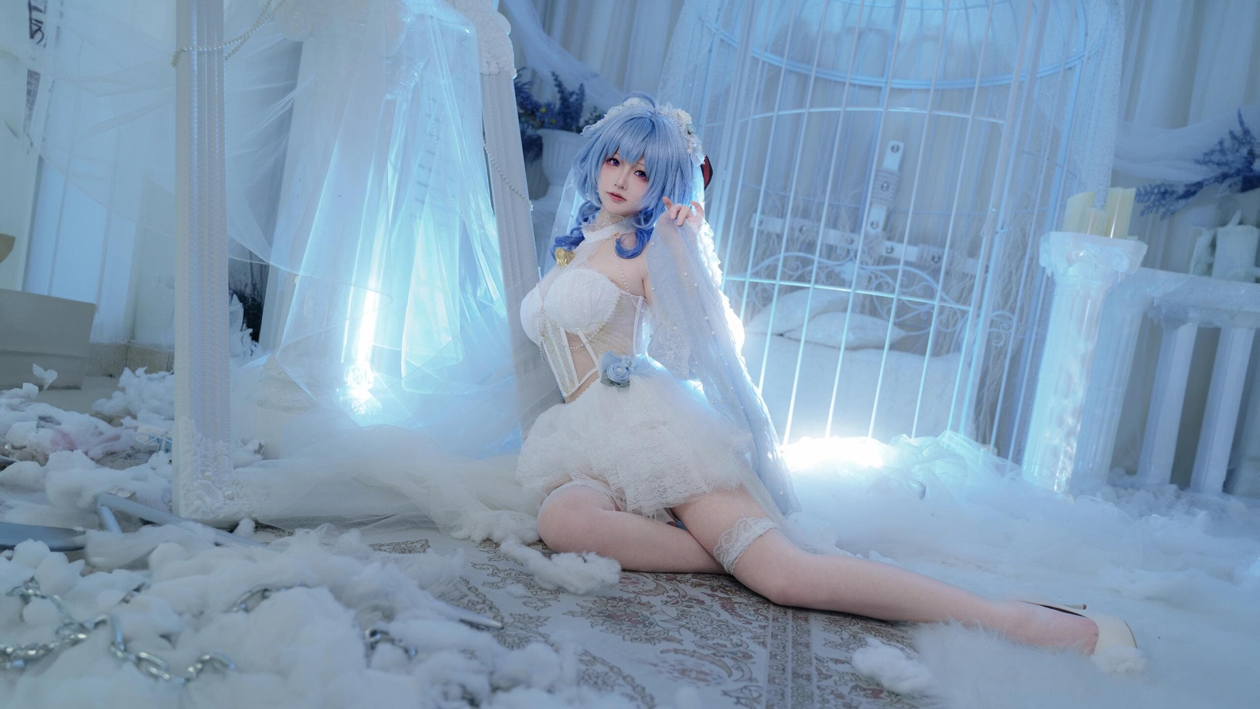 Indulge your fantasies with irresistible Ganyu in a purple bodystocking—where every curve is a temptation. - 5