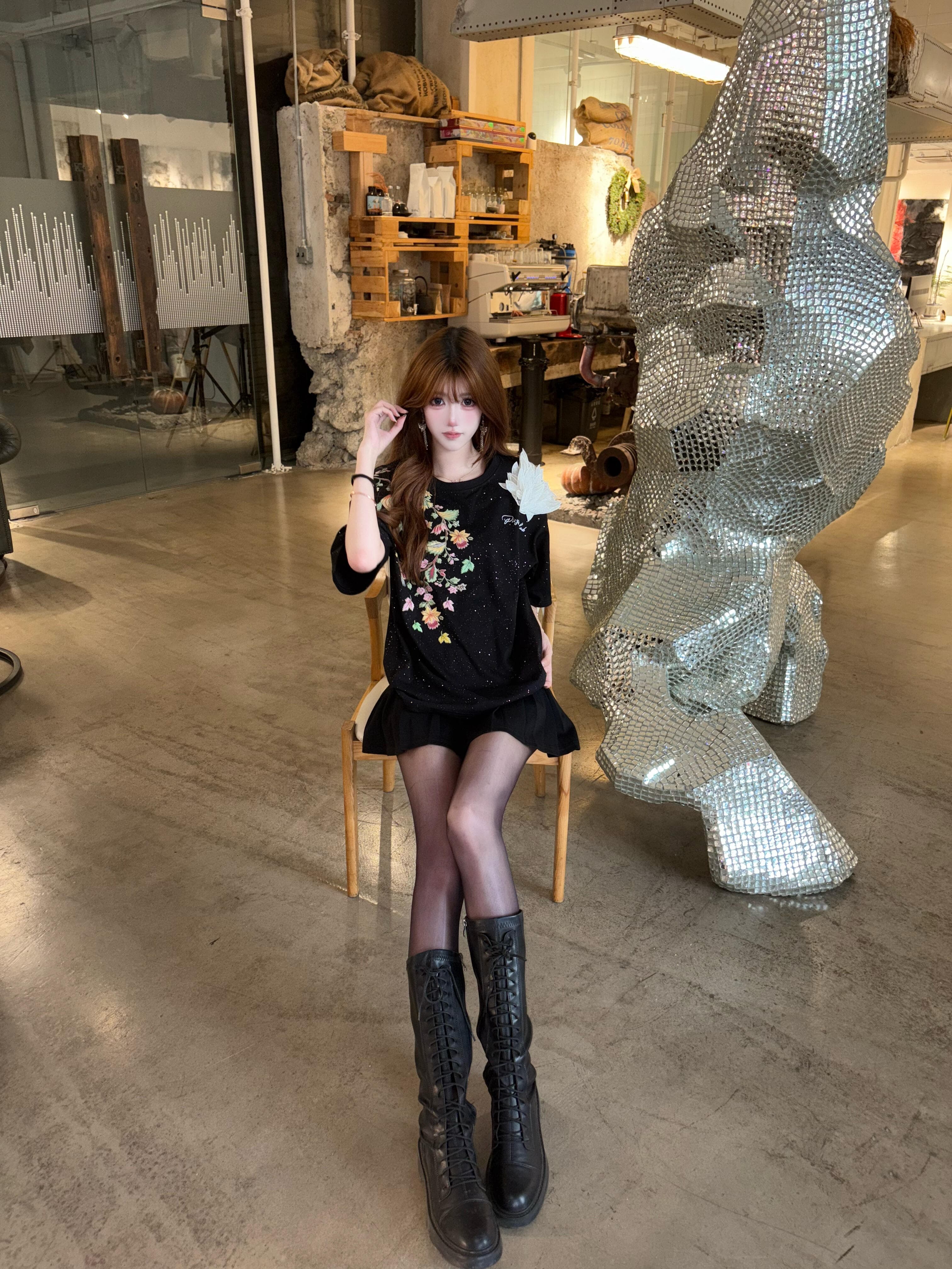 Stunning black dress ensemble complemented by elegant white thigh-high stockings. The contrast is absolutely captivating—sophistication and allure combined in one irresistible look! - 2
