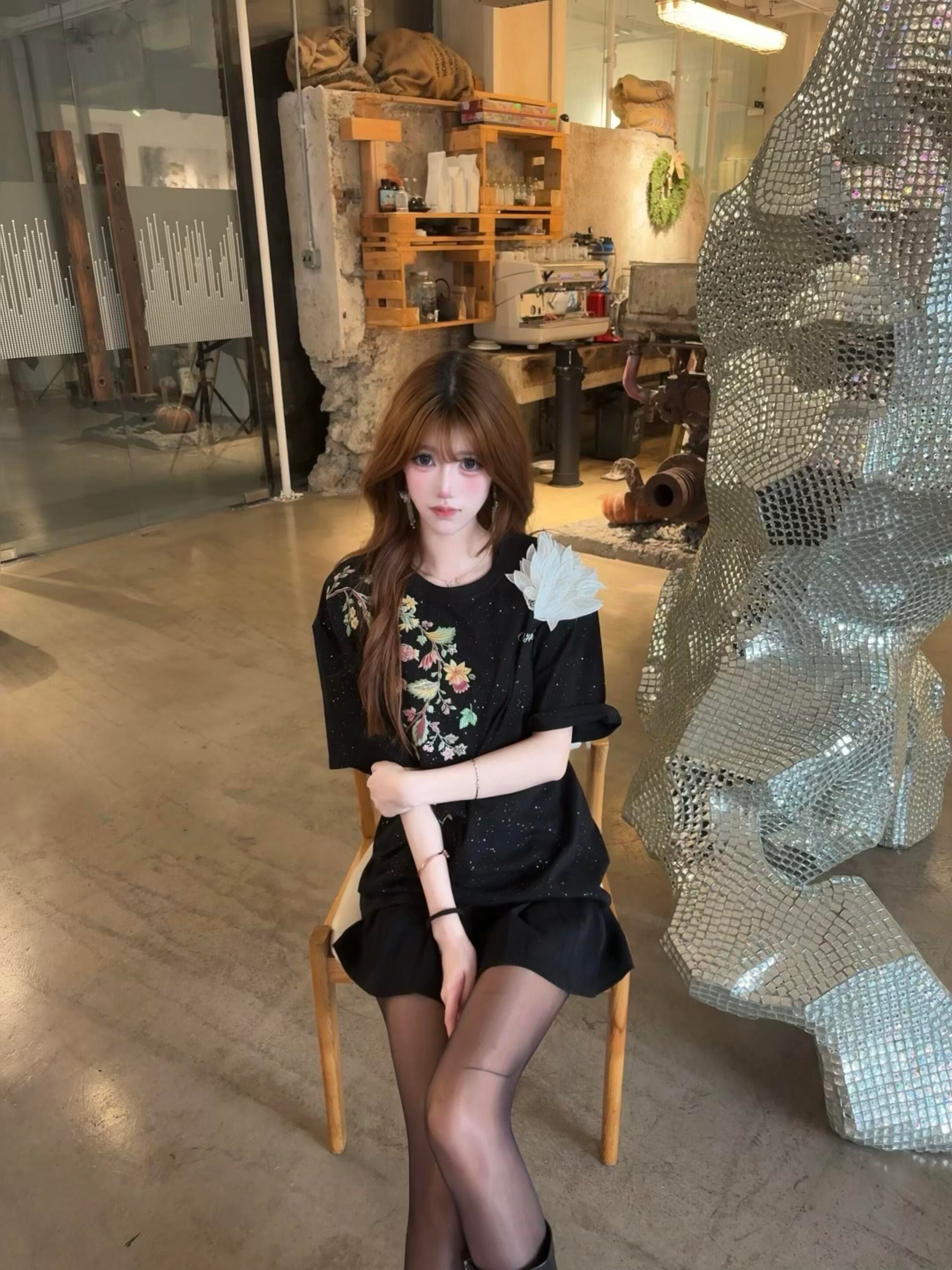 Stunning black dress ensemble complemented by elegant white thigh-high stockings. The contrast is absolutely captivating—sophistication and allure combined in one irresistible look! - 3