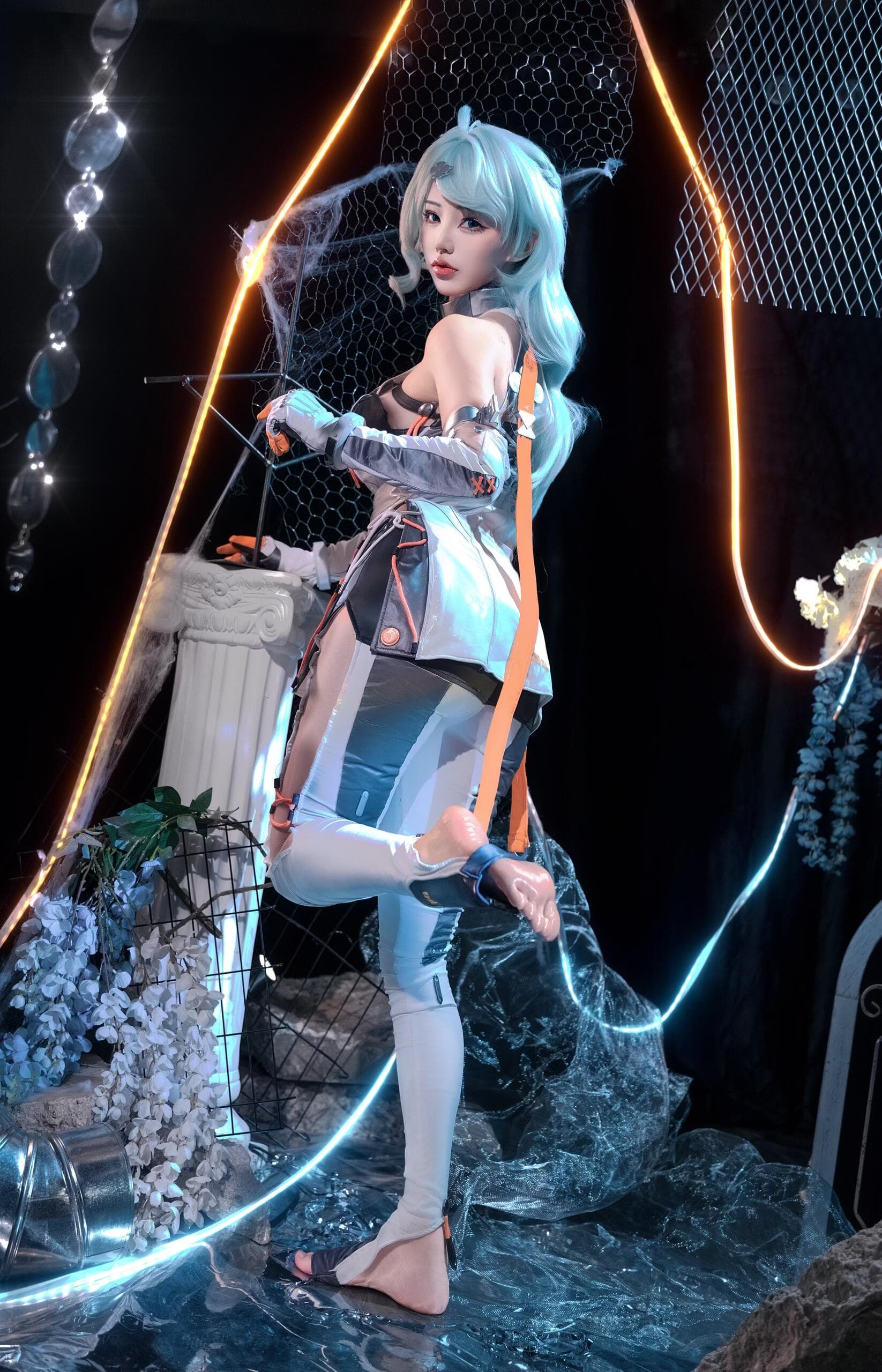Enchanting Vivian from Zenless Zone Zero in luxurious black full-length stockings that perfectly complement her mysterious allure. These elegant hosiery wrap around her legs in pure sophistication. A mesmerizing vision that combines grace with irresistible temptation. - 5